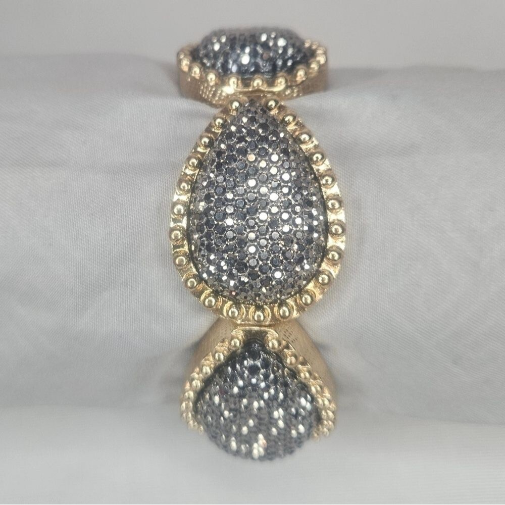 Gold Pave Hematite Teardrop Stretch Bracelet Beaded Coin Edge Border Statement